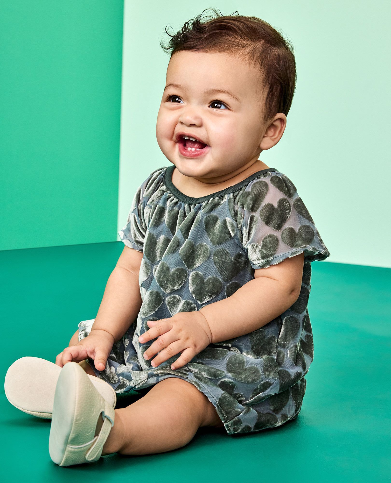 Baby Velvet Heart Dress & Bloomers Set in Hearts on Green - main