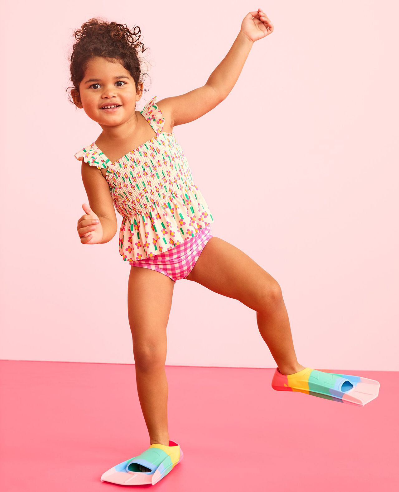 Two-Piece Smocked Mixie Swimsuit in A Field of Flowers on Ecru - main