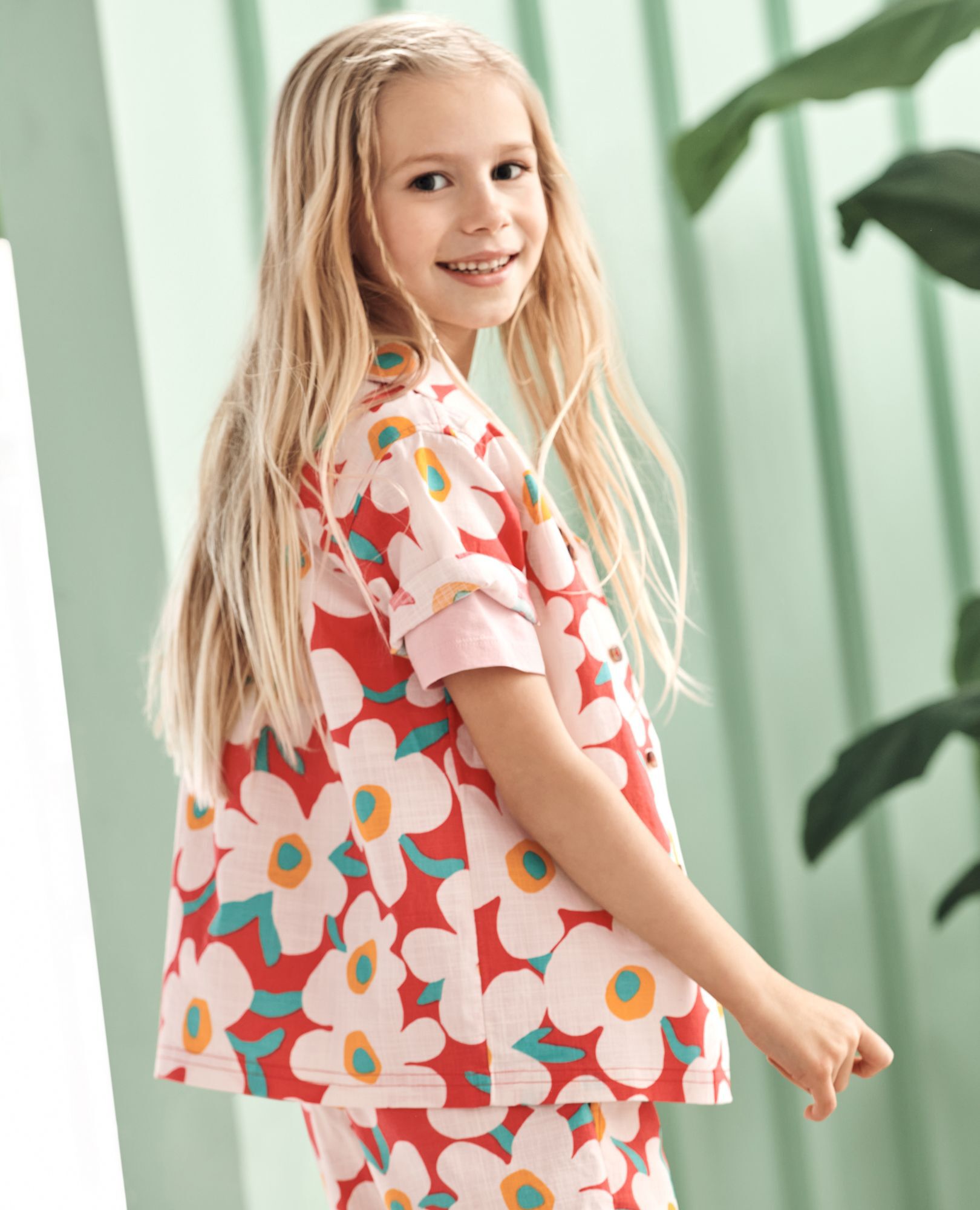 Poplin Button Up Shirt in Bold Poppy on Coral - main