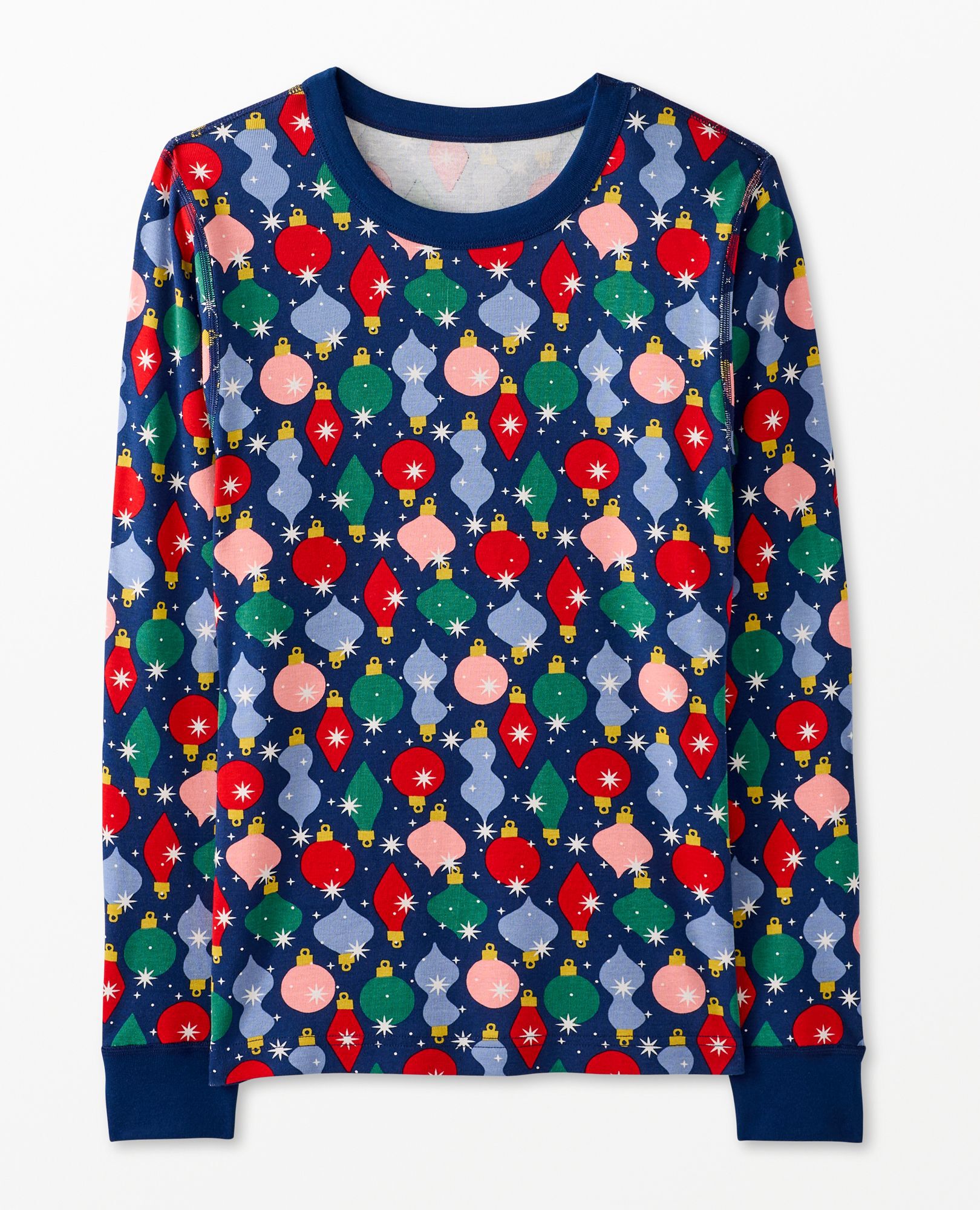 Adult Holiday Long John Pajama Top in Shiny Bright Ornaments - main