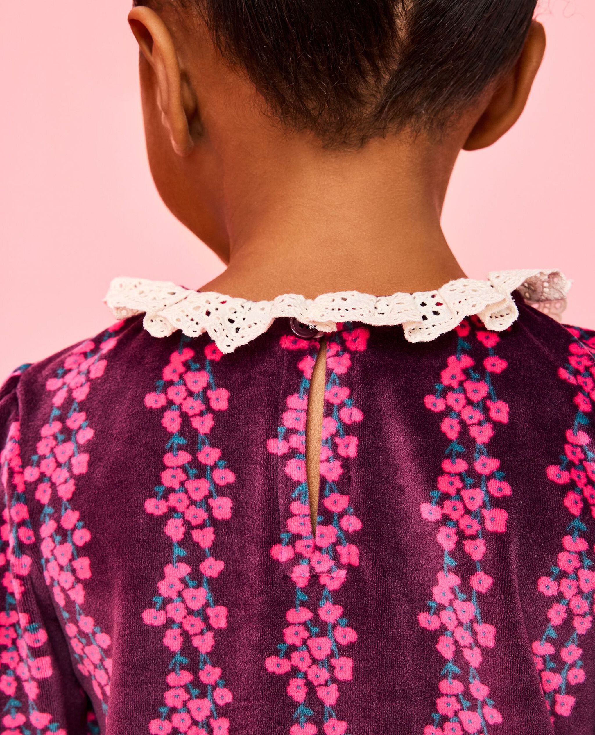 Long Sleeve Collared Velour Swing Dress in Flower Rows on Currant Purple - main