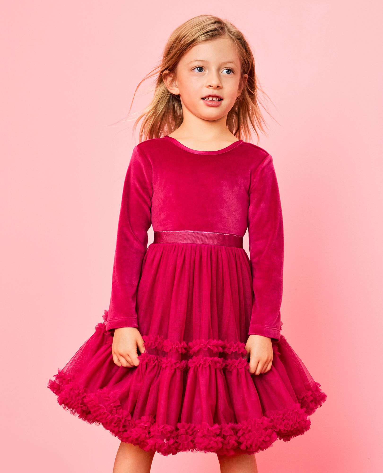 Long Sleeve Velour Tulle Tiered Dress in Raspberry - main