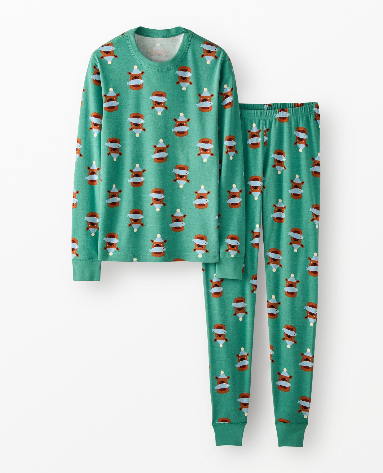 Adult Holiday Long John Pajama Set in Fresh Catch on Bottle Green - main