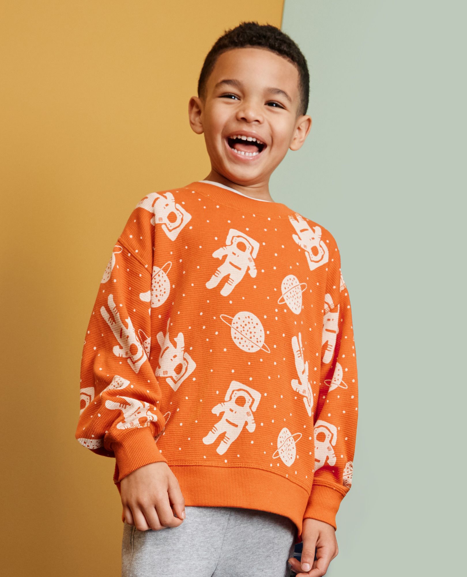 Waffle Crewneck in Astronauts on Bisque - main