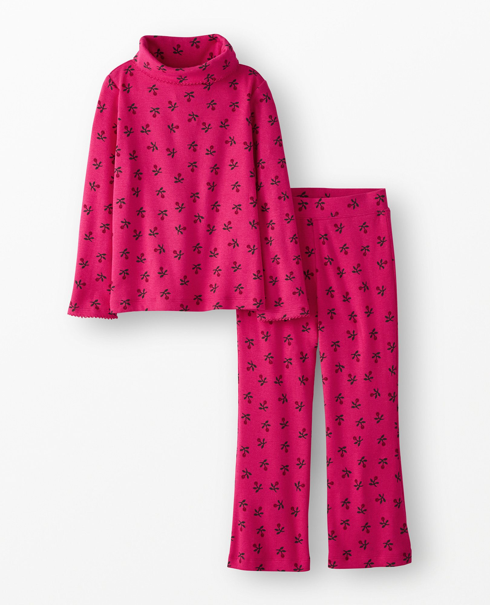 Long Sleeve Turtleneck Top & Flare Pants Set in Sweet Holiday Floral on Beetroot Pink - main