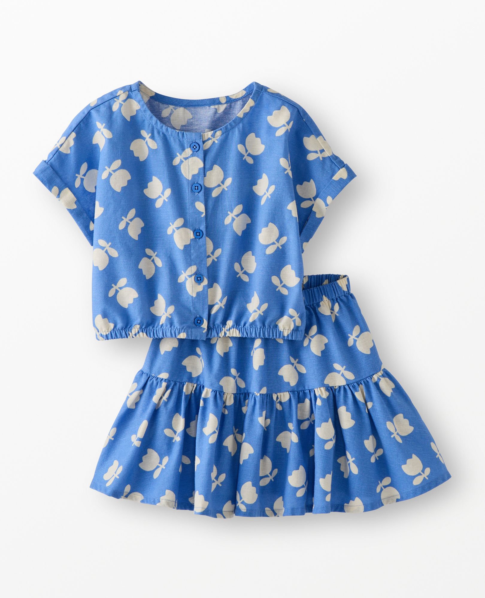 Dolman Sleeve Linen Top & Tiered Skirt Set in Tossed Tulips on Blue - main
