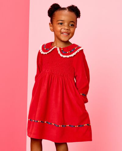 Embroidered Corduroy Dress with Pockets in Holiday Red - main