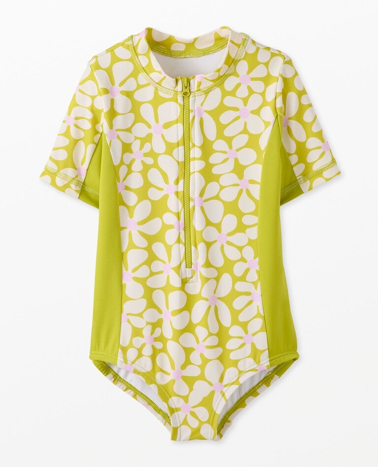 One-Piece Short Sleeve Rashguard Swimsuit in Groovy Daisy on Oasis Green - main
