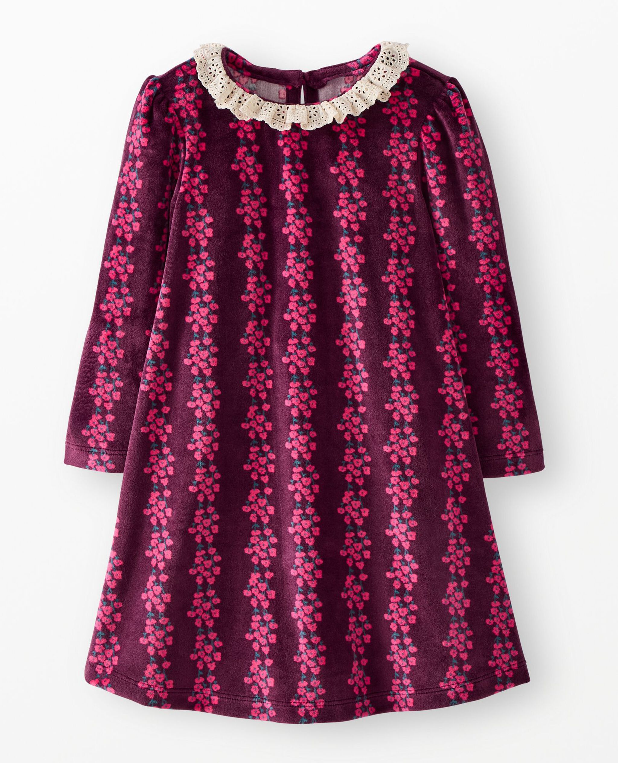 Long Sleeve Collared Velour Swing Dress in Flower Rows on Currant Purple - main