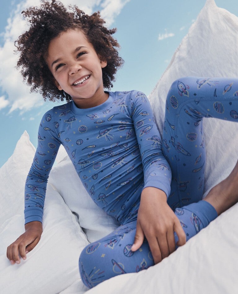 Kids Long John Pajama Set in HannaSoft™ in Cosmic Trek Doodle on French Blue - main