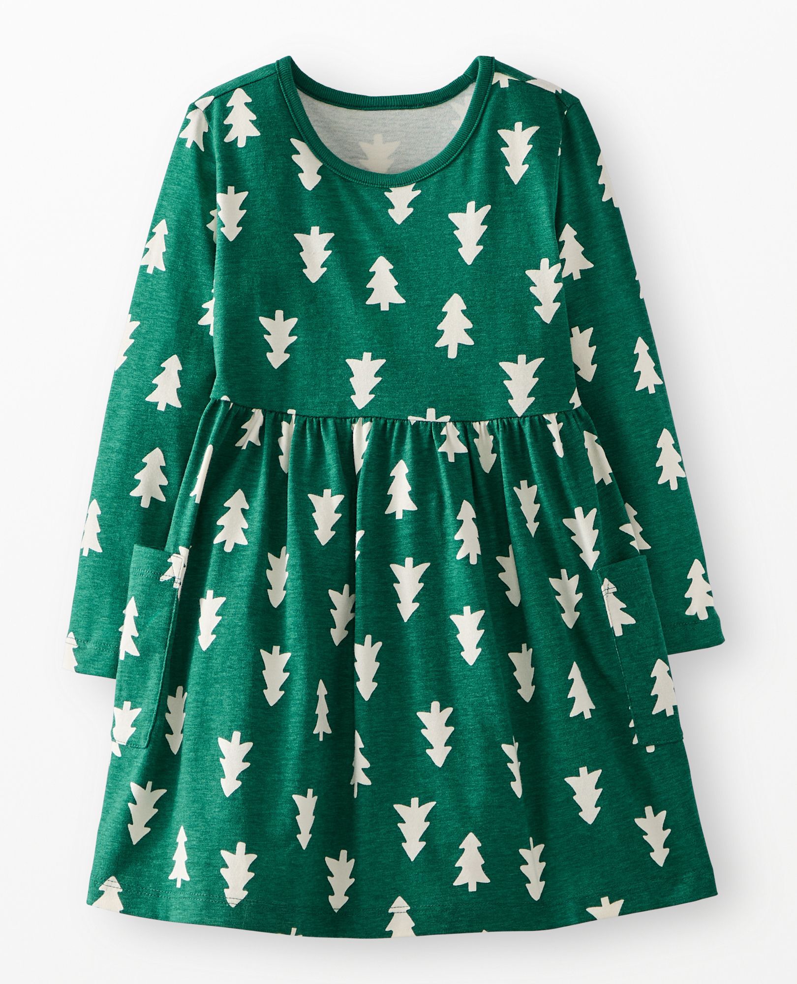 Holiday Long Sleeve Playground Dress with Pockets in Happy Trees on Green - main