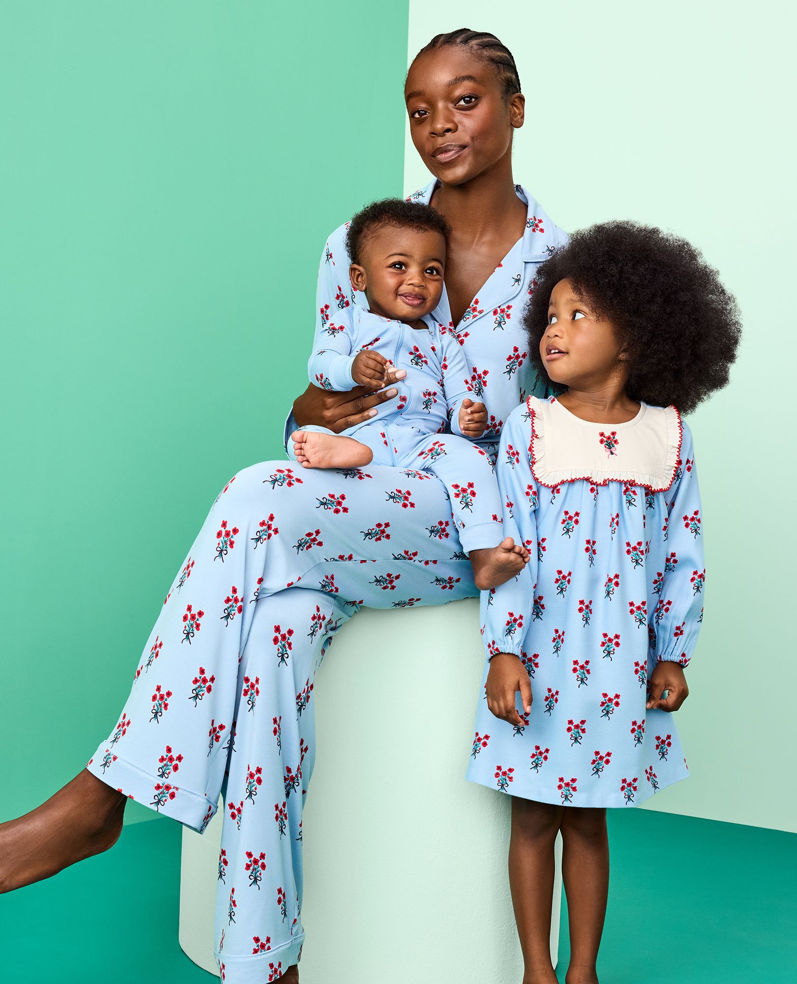 Holiday Flannel Bib Nightgown in Bouquets on Powder Blue - main