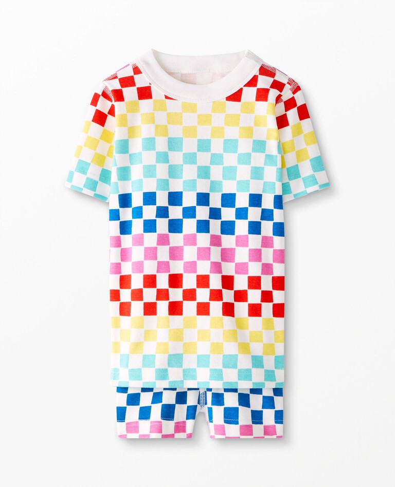 Rainbow Stripe Short John Pajamas In Organic Cotton in Cheerful Checkerboard - main