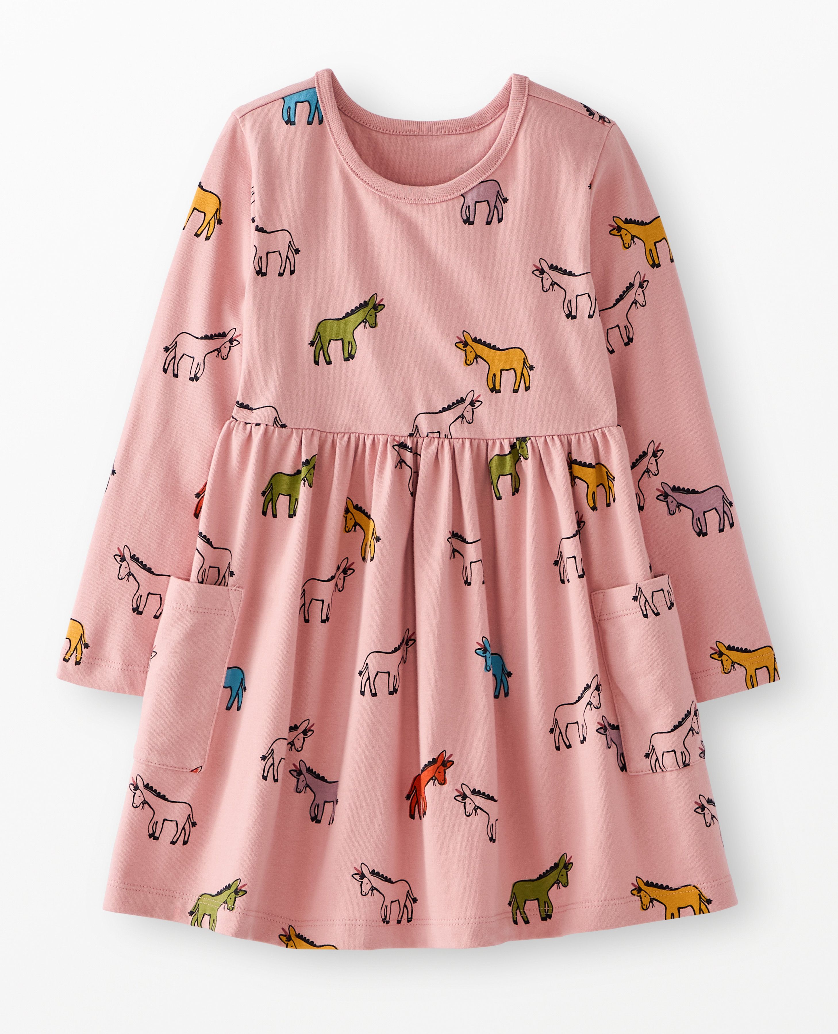 Long Sleeve Playground Dress with Pockets in Donkeys on Powdered Rose - main
