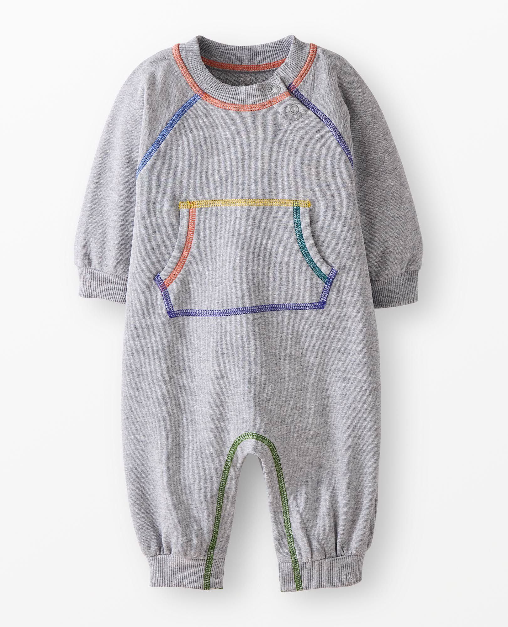 Baby French Terry Romper in Heather Grey with Rainbow Stitching - main
