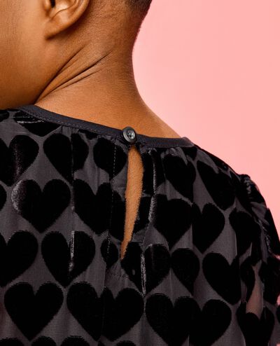 Balloon Sleeve Velvet Tiered Dress in Hearts on Black - main