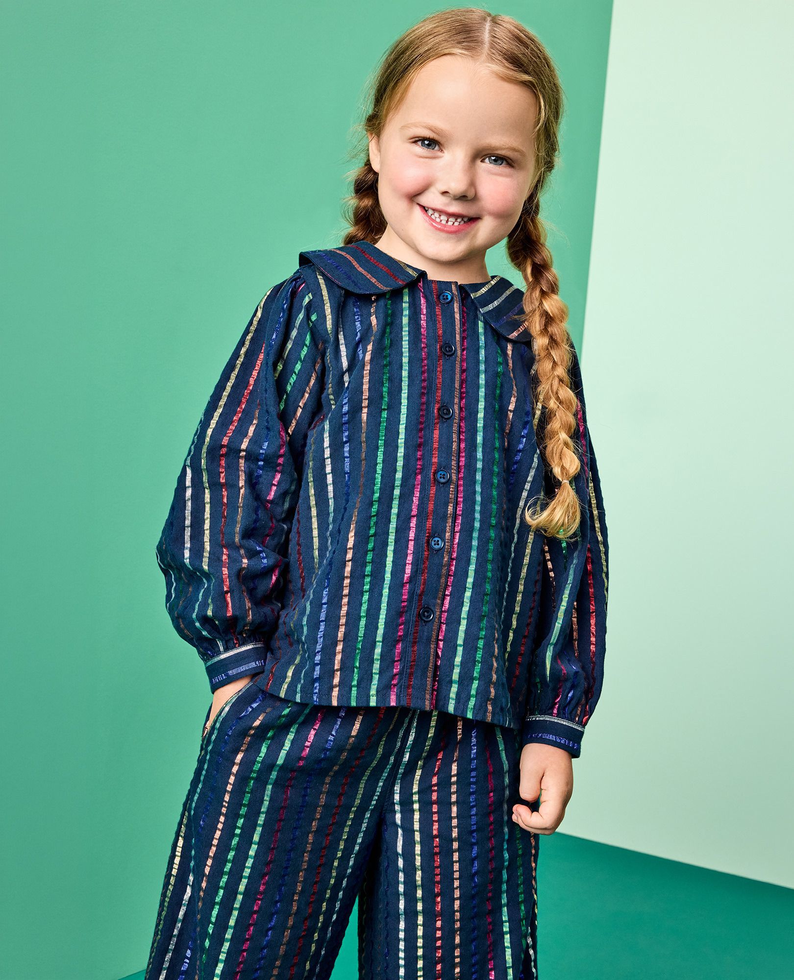 Long Sleeve Rainbow Stripe Top & Wide Leg Pants Set in Sparkle Stripe on Navy - main