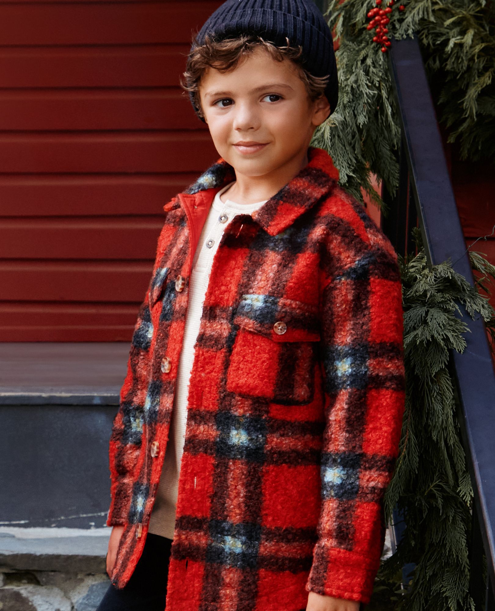 Faux Shearling Button Up Shacket in Scarlet Red Plaid - main