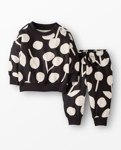 Baby French Terry Sweatshirt & Sweatpants Set in Ecru Cherries on Black - main
