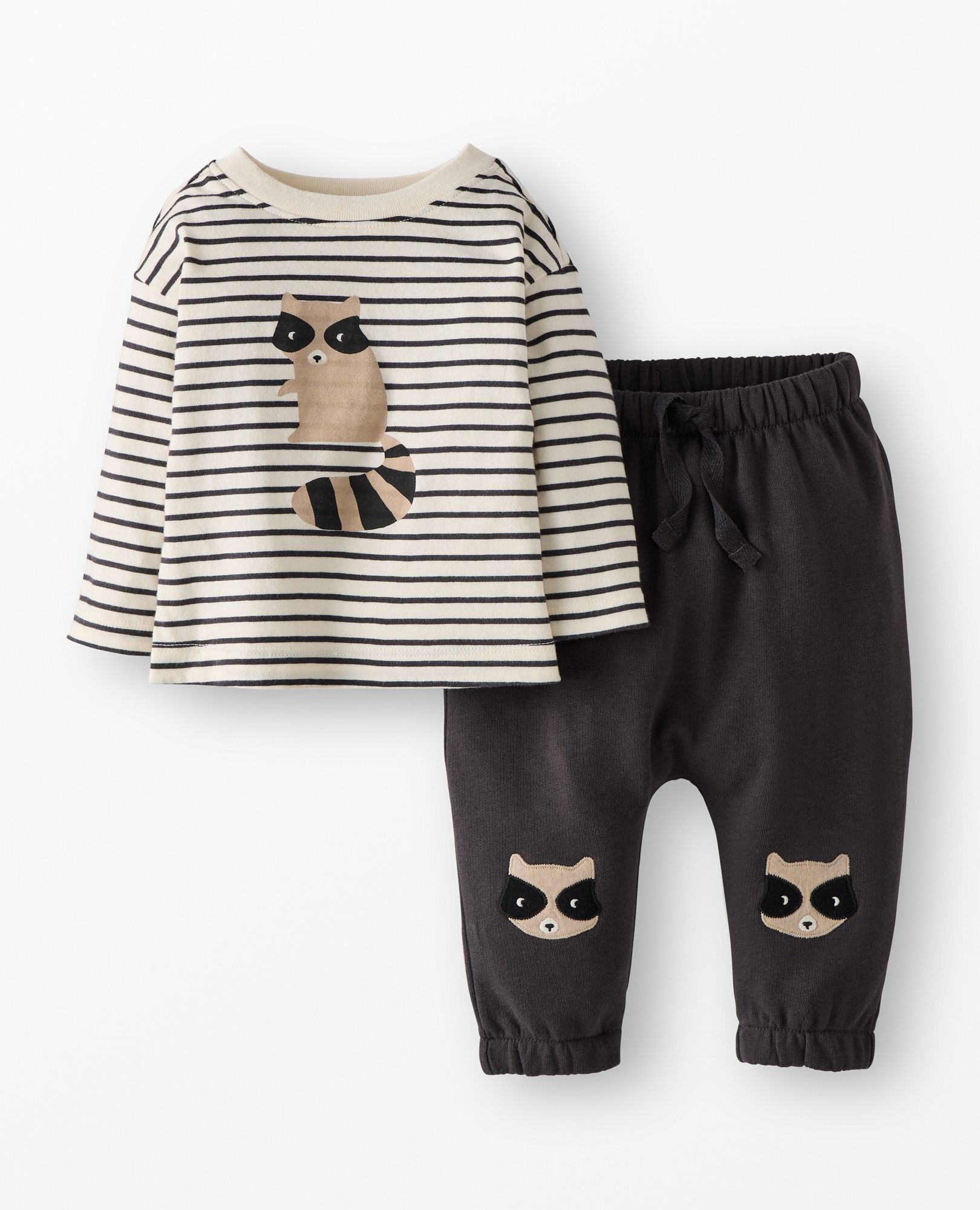Baby Long Sleeve T-Shirt & French Terry Pants Set in Little Raccoon on Soft Black - main