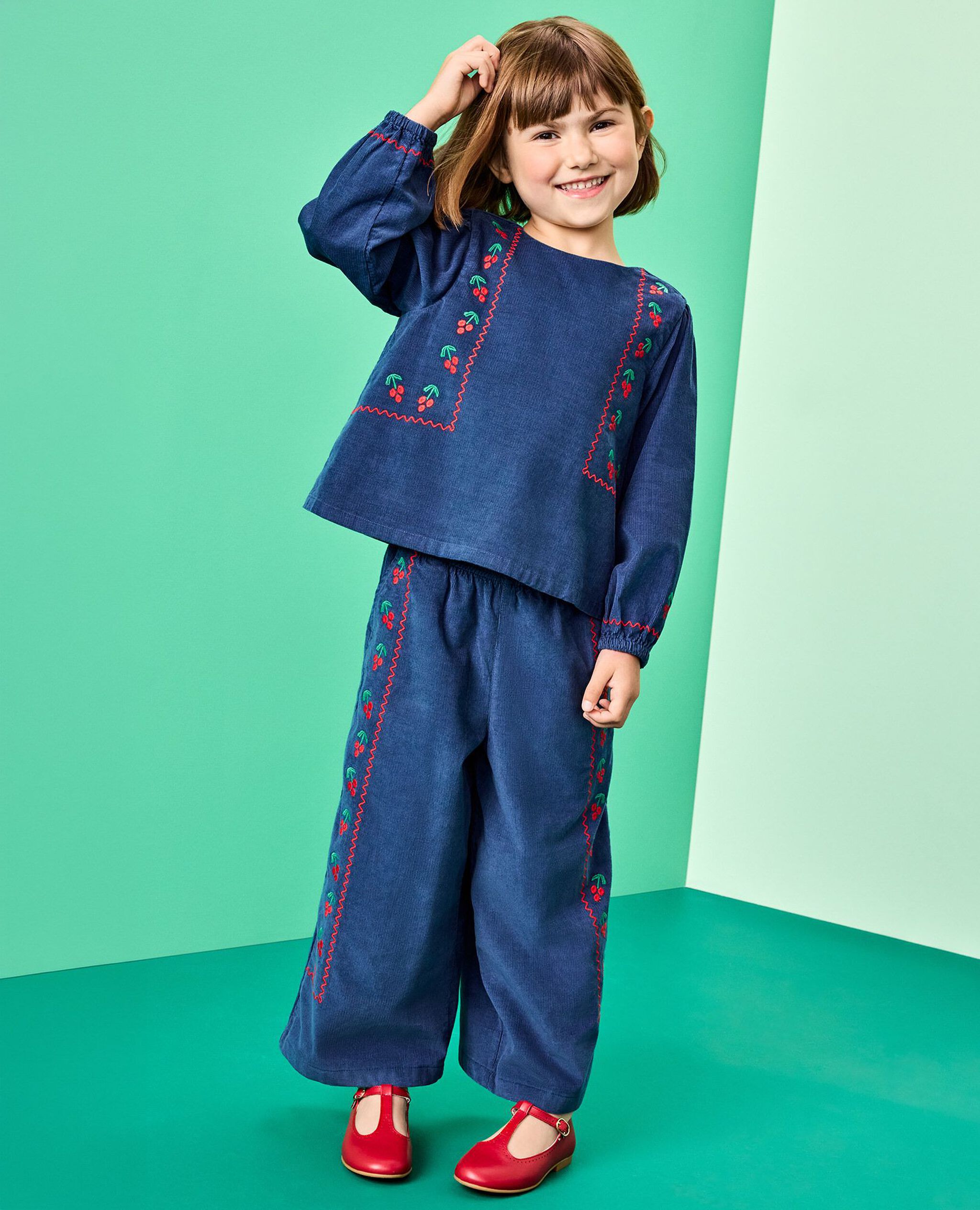 Long Sleeve Corduroy Embroidered Top in Midnight Blue - main