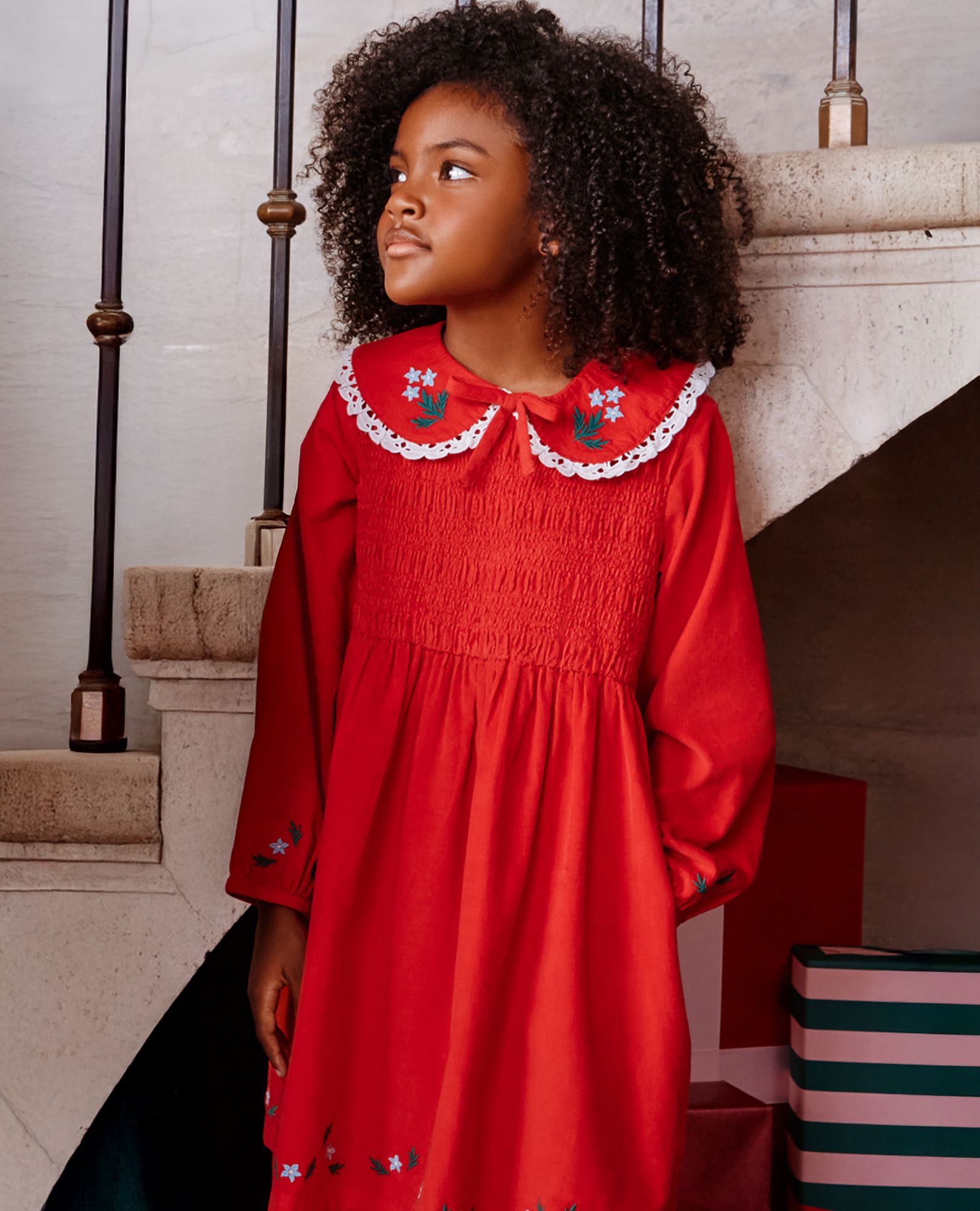 Balloon Sleeve Collared Corduroy Dress with Pockets in Ribbon Red - main