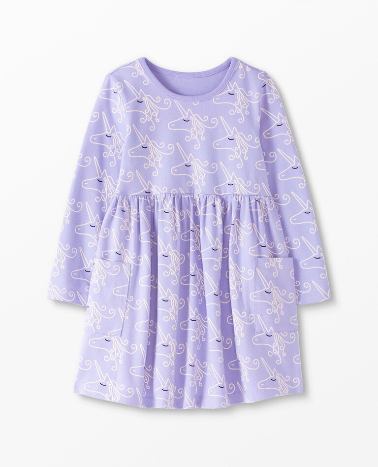 Long Sleeve Print Pocket Dress in Fancy Unicorn on Sweet Lavender - main