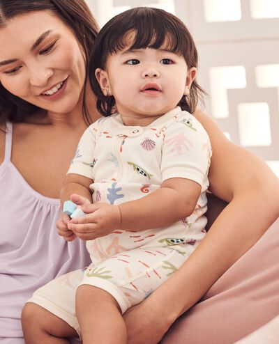 Baby 2-Way Zip Shortie Sleeper in Gentle Ocean on Ecru - main