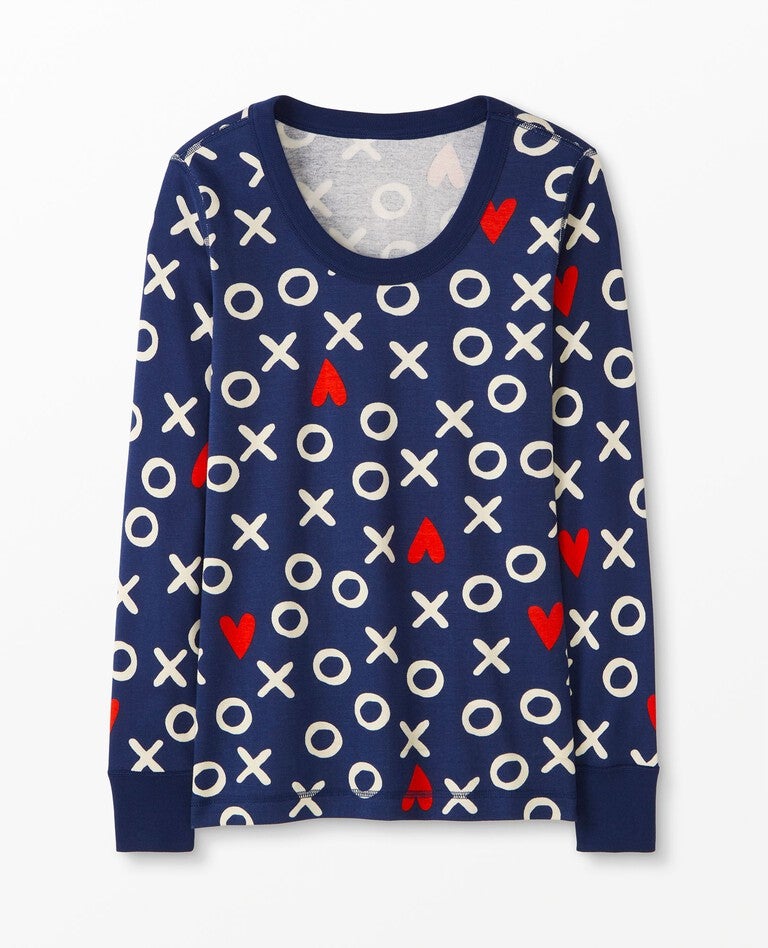Women's Valentines Long John Pajama Top in Hugs & Hearts on Navy - main