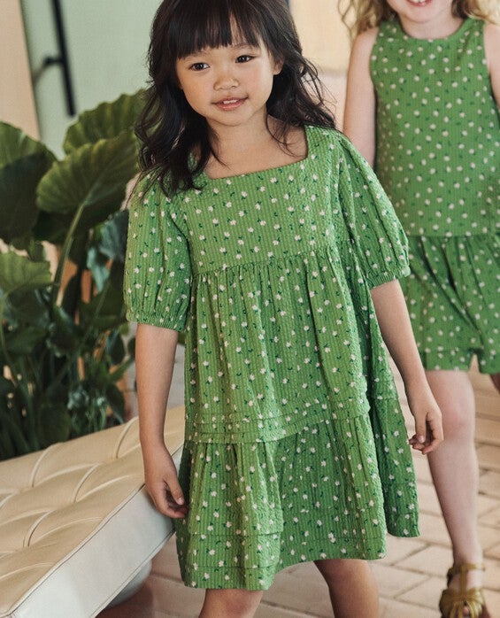 Girls' Tiny Tulips On Green Seersucker Tiered Dress in 100% Cotton - Size Toddler 3 by Hanna Andersson