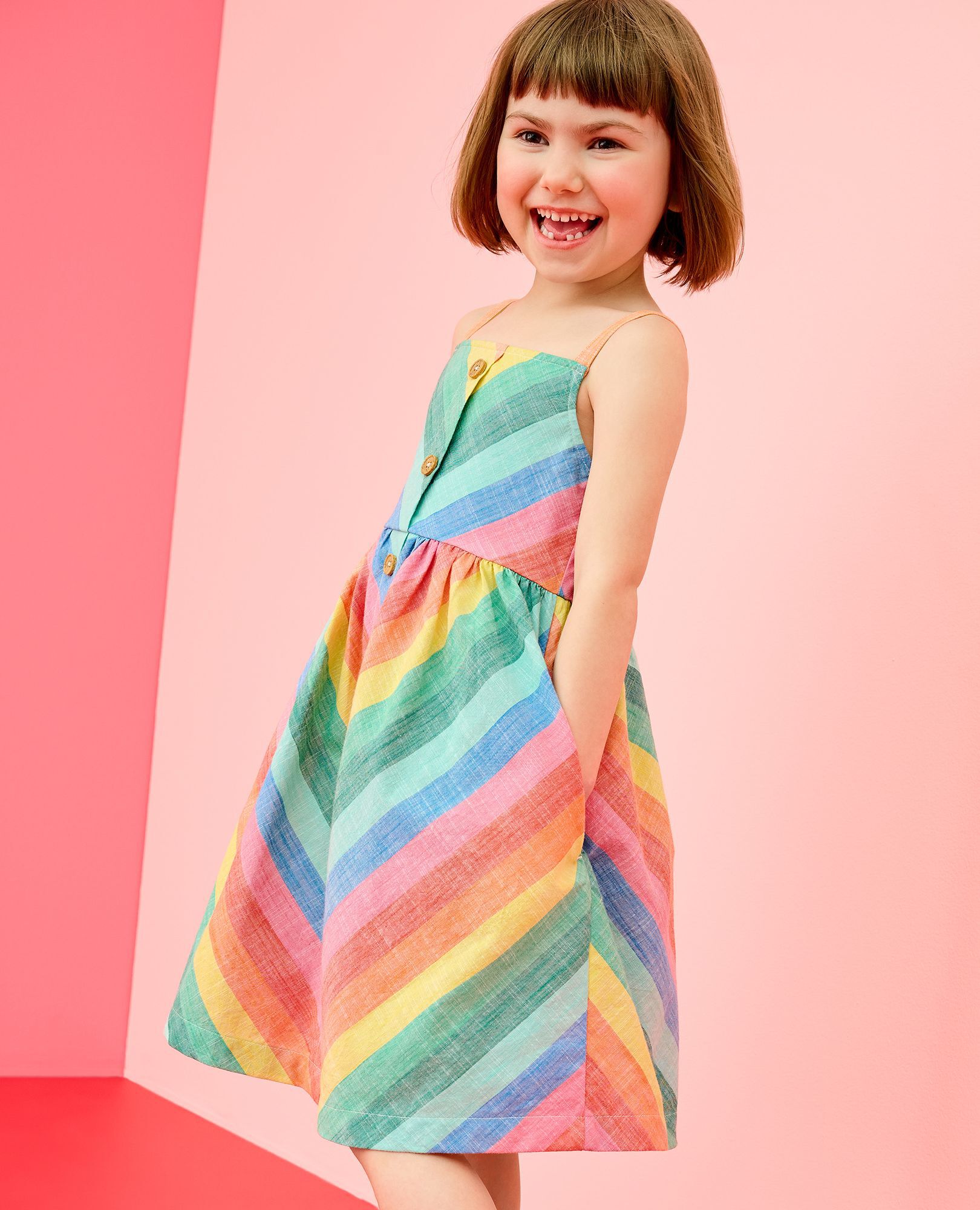 Sleeveless Poplin Midi Dress with Pockets in Bright Rainbow Stripe - main