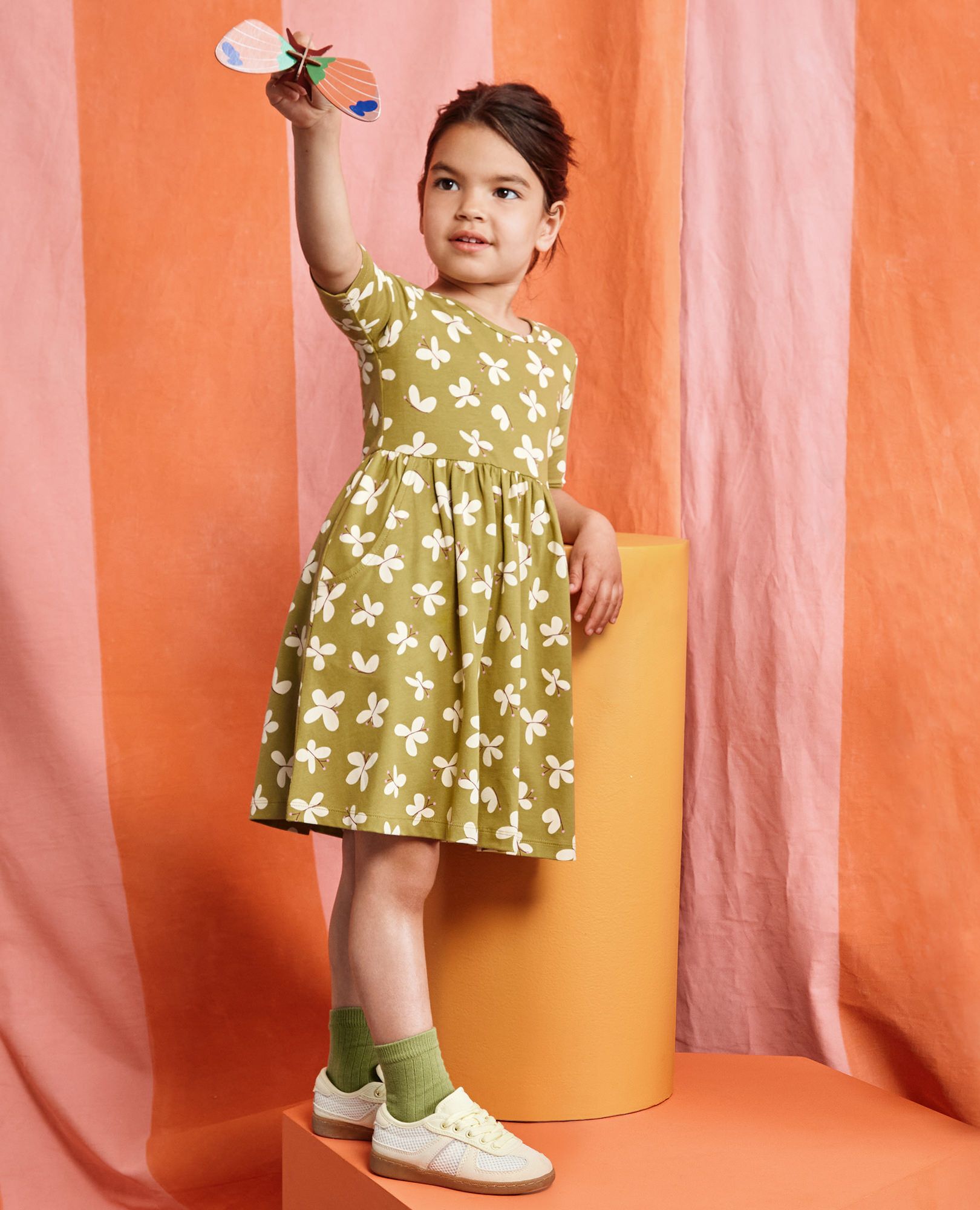 Skater Dress with Pockets in Butterflies on Moss Green - main