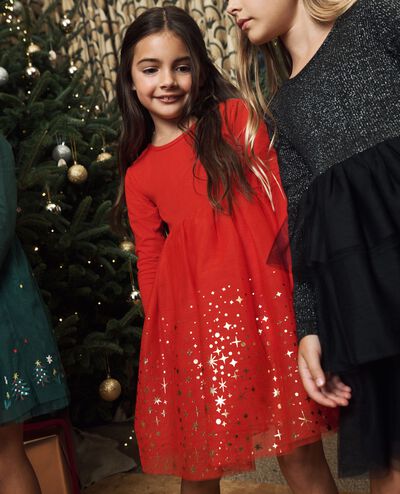 Long Sleeve Shimmer Tulle Dress in Ribbon Red - main