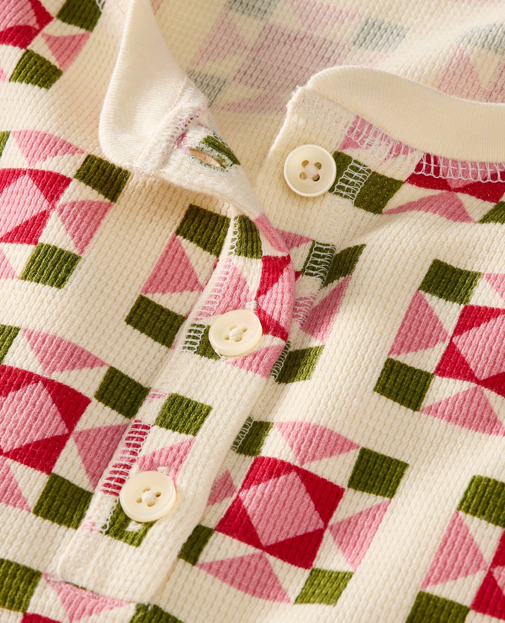 Women's Holiday Long Sleeve Waffle Henley Pajama Set in Quilted Stars on Almond Oil - main