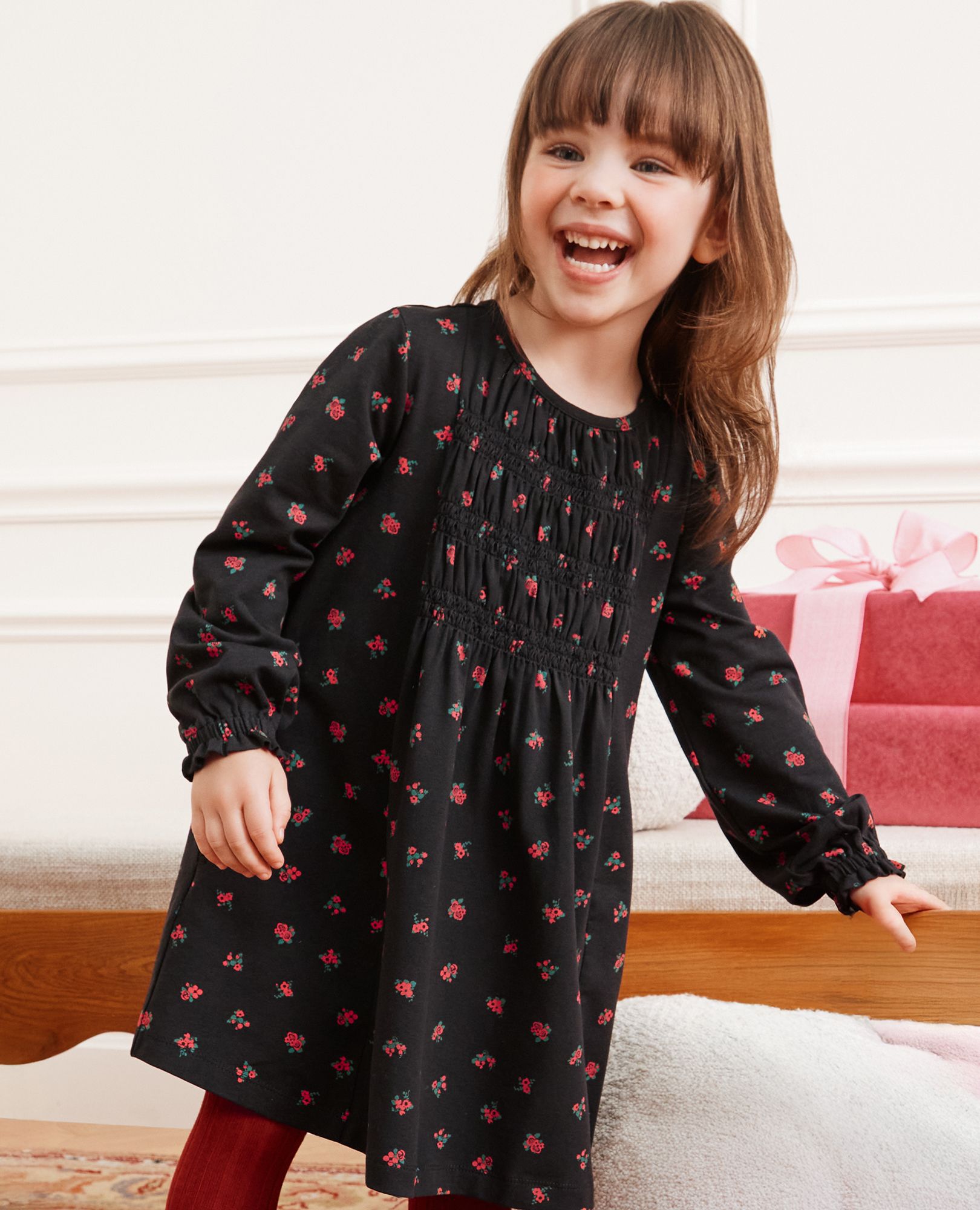 Balloon Sleeve Smocked Dress in Delicate Florals on Black - main