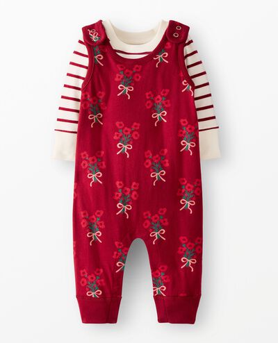 Baby Holiday Long Sleeve T-Shirt & Overalls Set in Bouquets on Beet Red - main