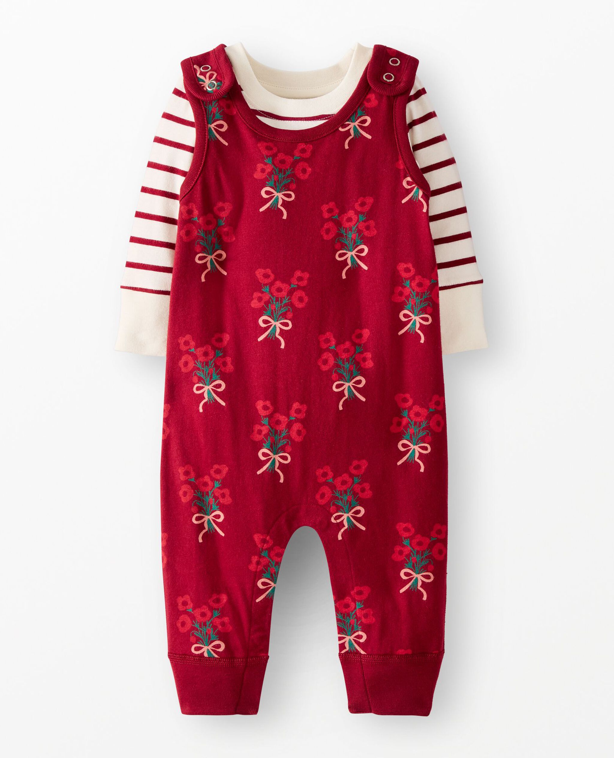 Baby Holiday Long Sleeve T-Shirt & Overalls Set in Bouquets on Beet Red - main