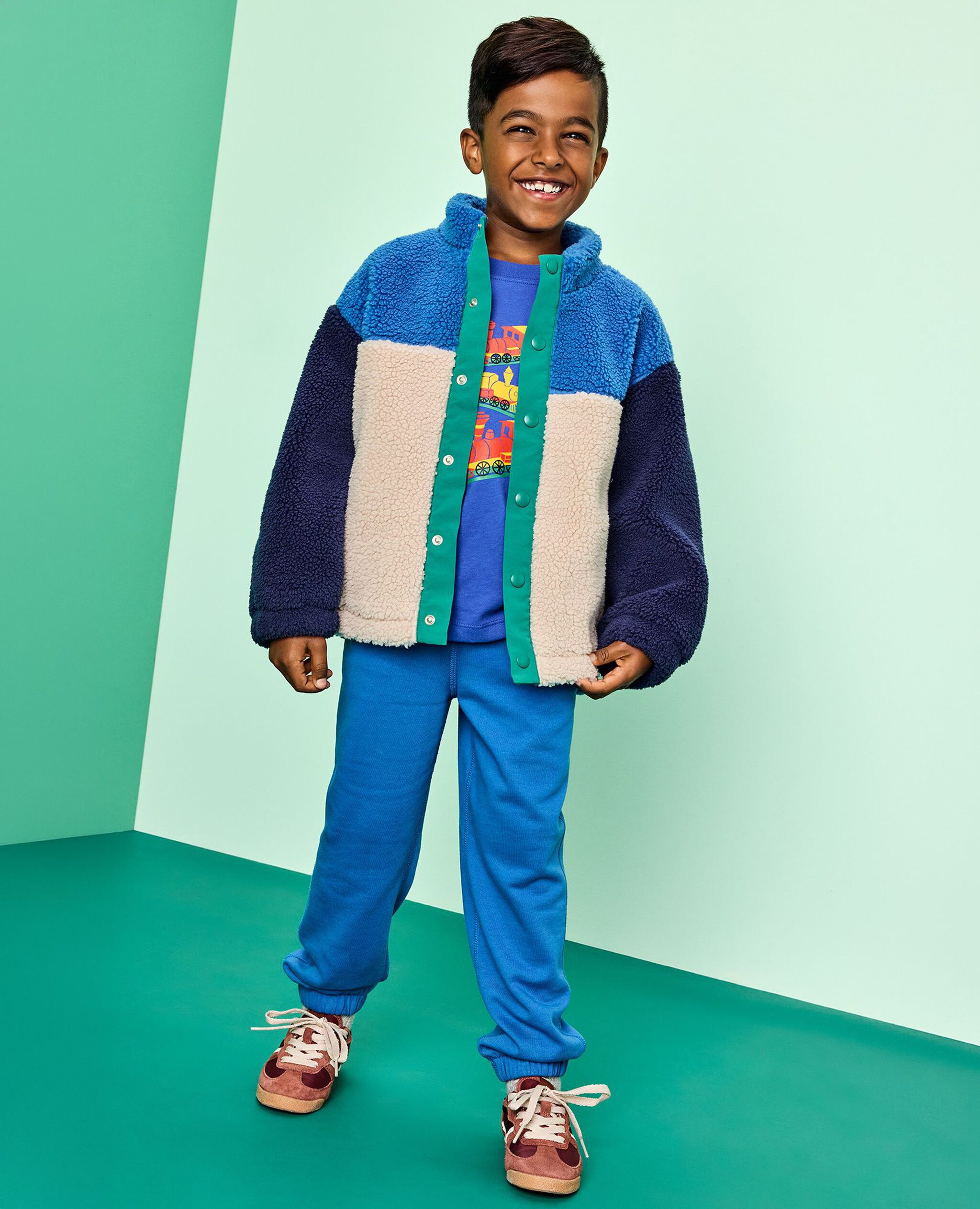 Faux Shearling Colorblock Jacket in Blue/Green Multi Colorblock - main