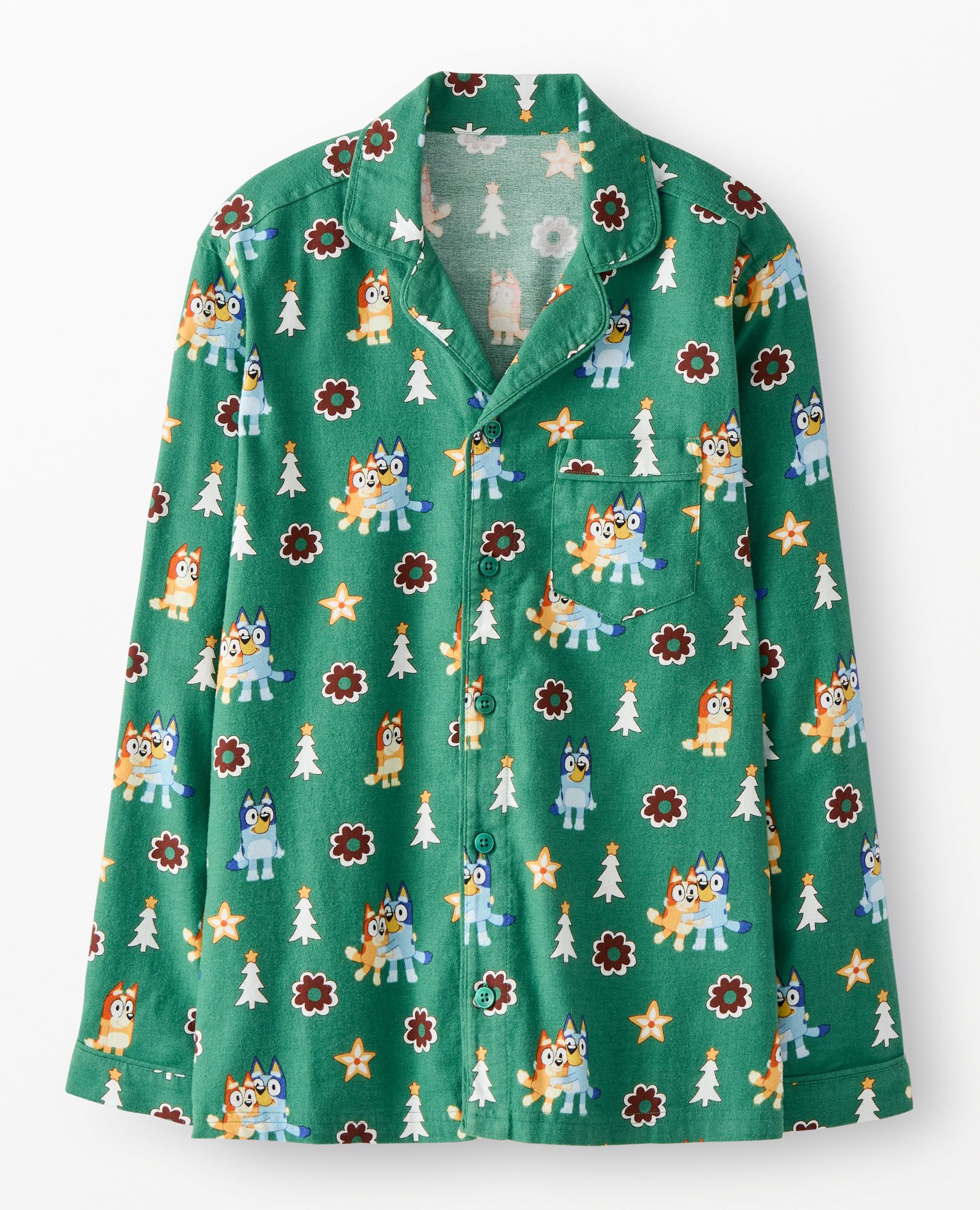 Adult Bluey Holiday Flannel Pajama Top in Bluey Hugs and Cookies on Green - main