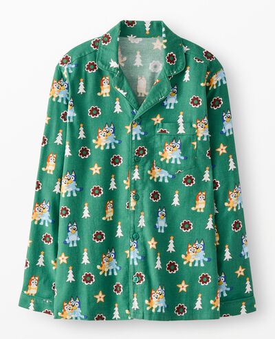 Adult Bluey Holiday Flannel Pajama Top in Bluey Hugs and Cookies on Green - main