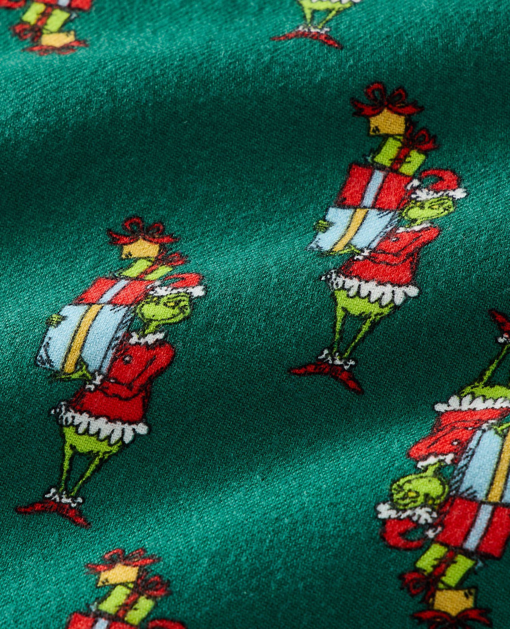 Dr. Seuss Grinch Flannel Pajama Set in Grinch Presents on Green - main
