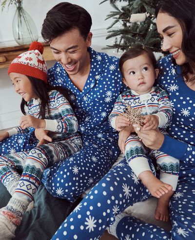 Adult Holiday Flannel Pajama Top in First Snow on Galactic Blue - main