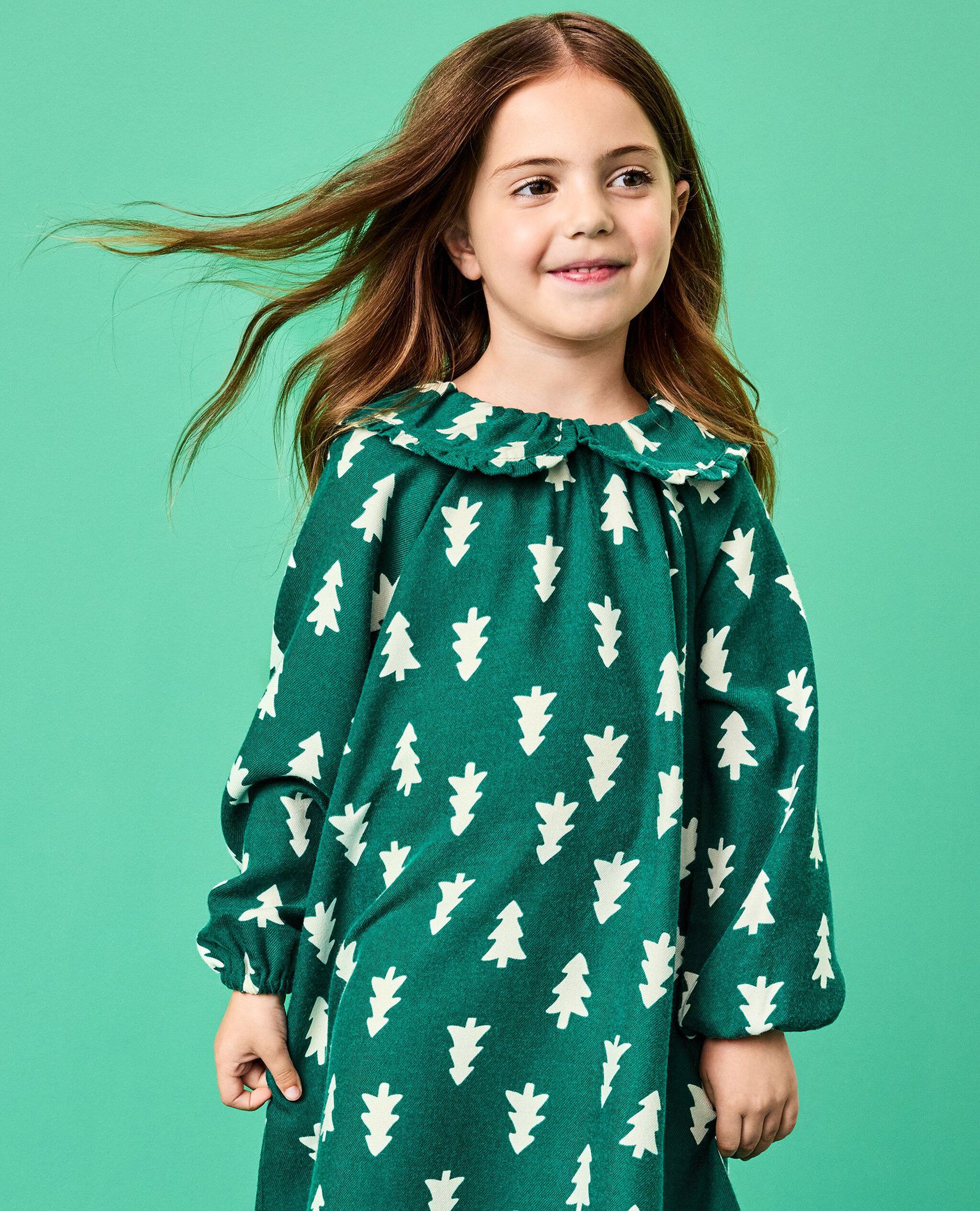 Holiday Flannel Ruffle Nightgown in Happy Trees on Green - main