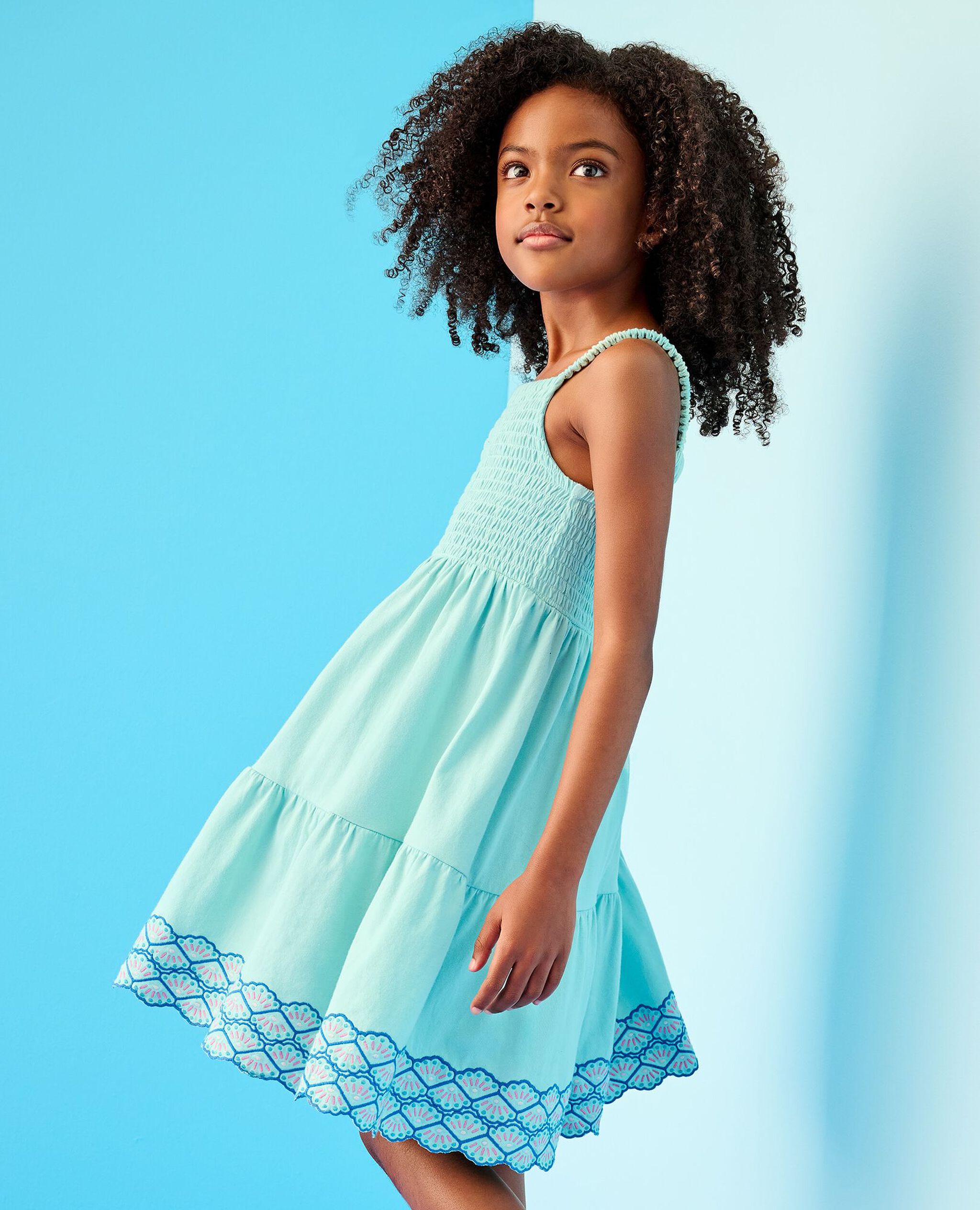 Sleeveless Smocked Tiered Dress in Seashells on Feather Blue - main