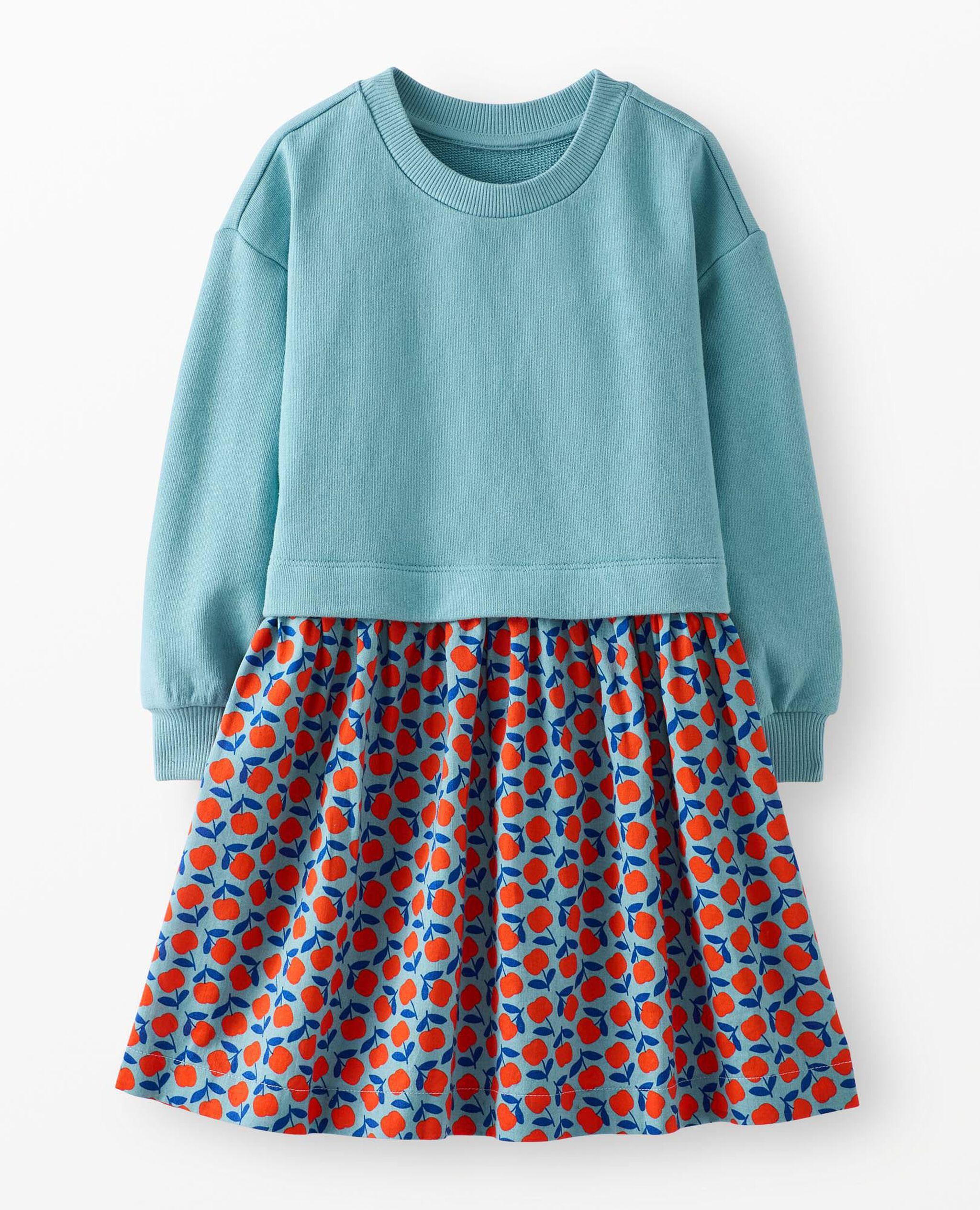 French Terry Mixie Dress in Red Apples on Cameo Blue - main