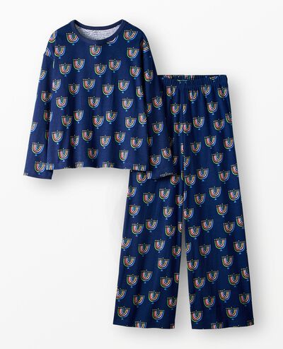 Women's Holiday Wide Leg Pajama Set in Multi Menorahs - main