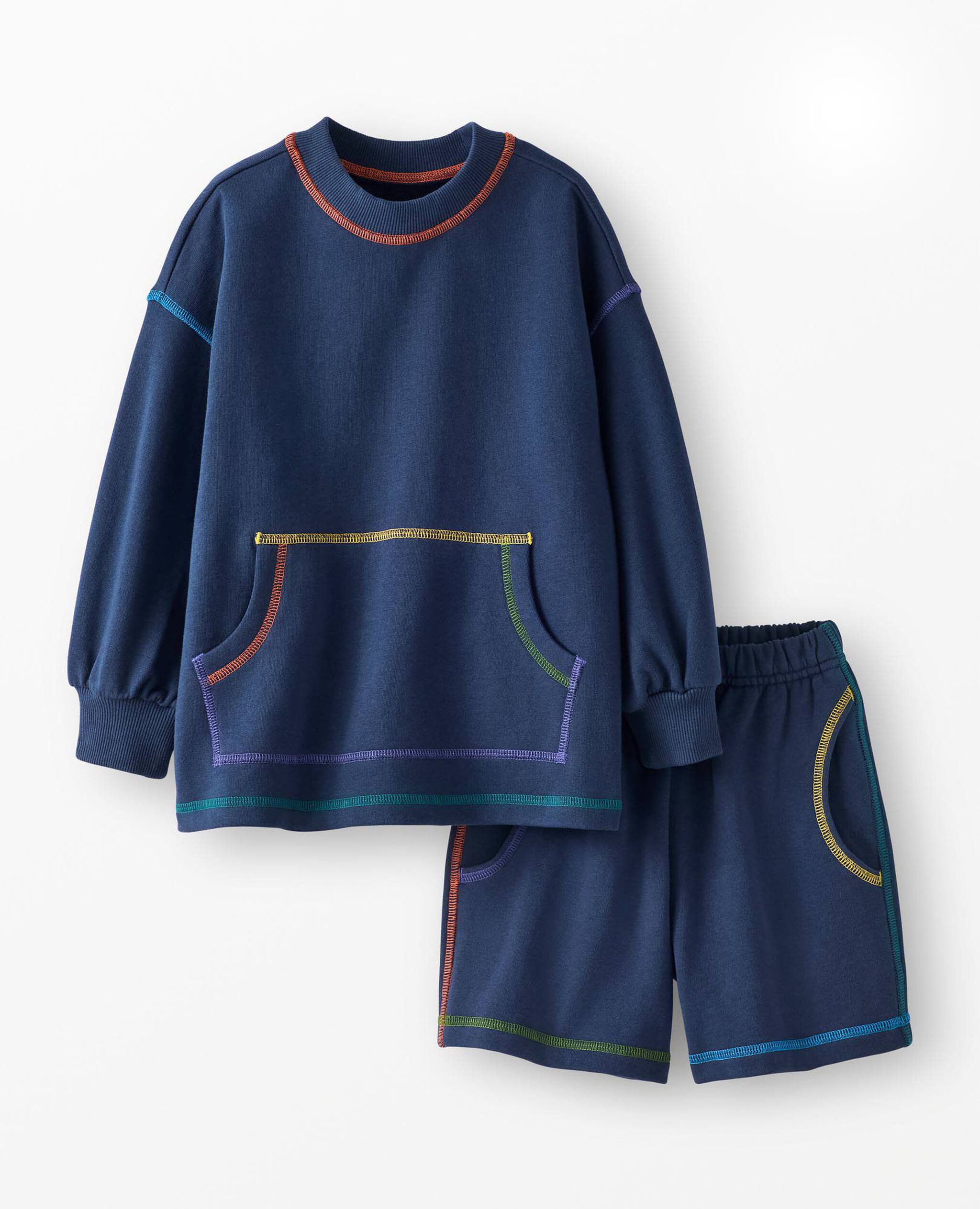 French Terry Sweatshirt & Shorts Set in Navy w/ Rainbow Stitching - main