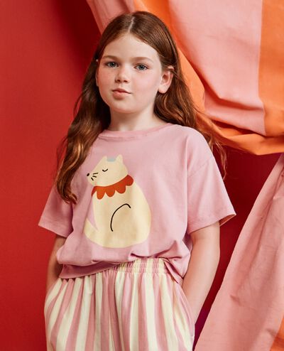 Relaxed Fit Graphic T-Shirt in Playful Kitty on Powdered Rose - main
