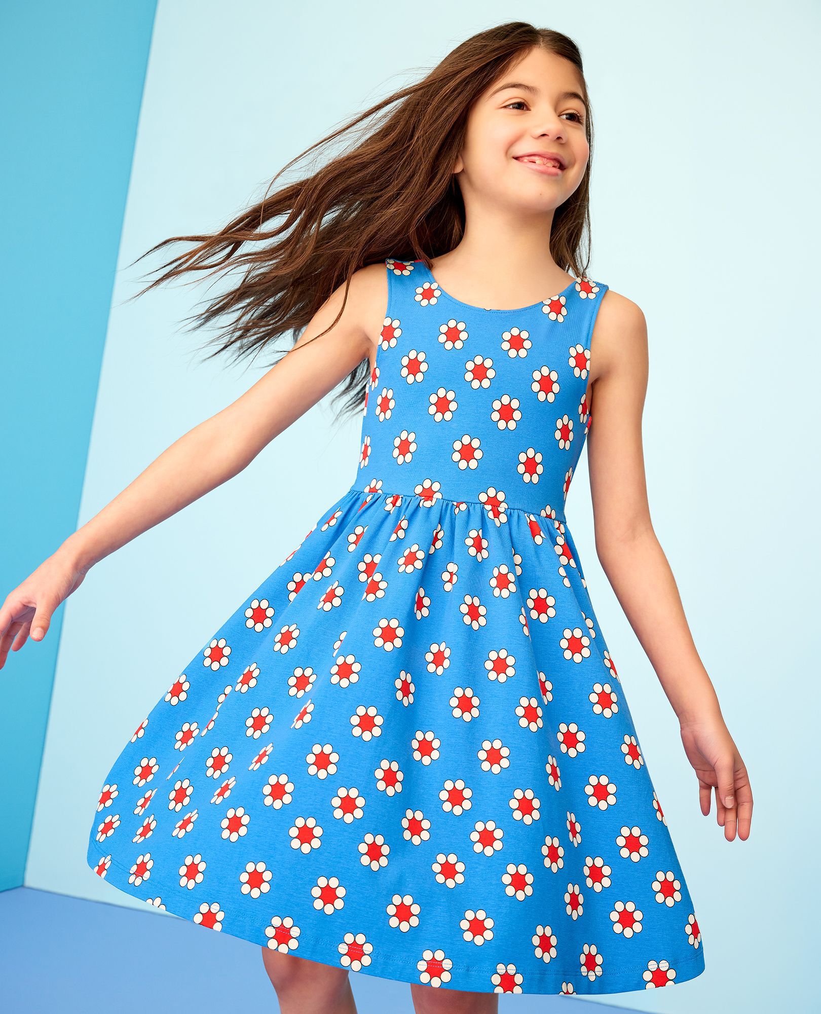 Bow Back Skater Dress with Pockets in Red Flowers on Swedish Sky - main