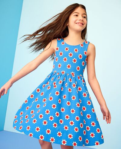 Bow Back Skater Dress with Pockets in Red Flowers on Swedish Sky - main